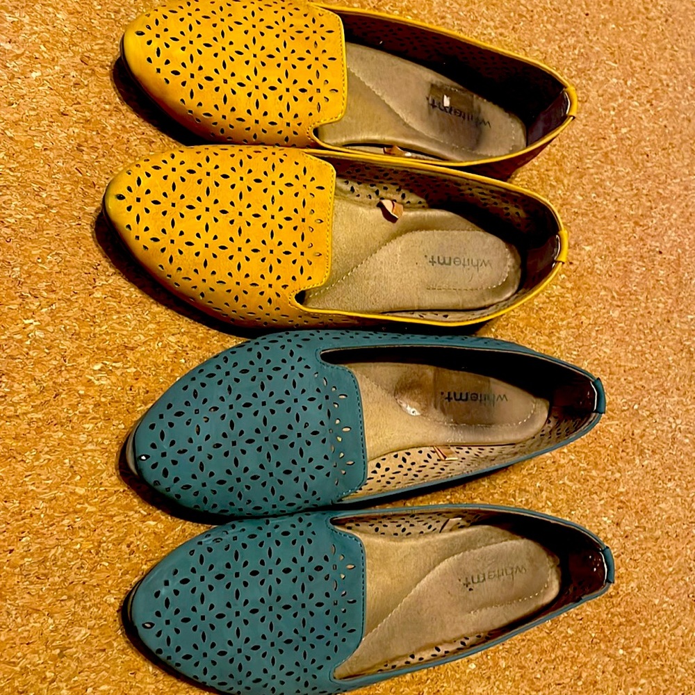 Blue and yellow slip ons